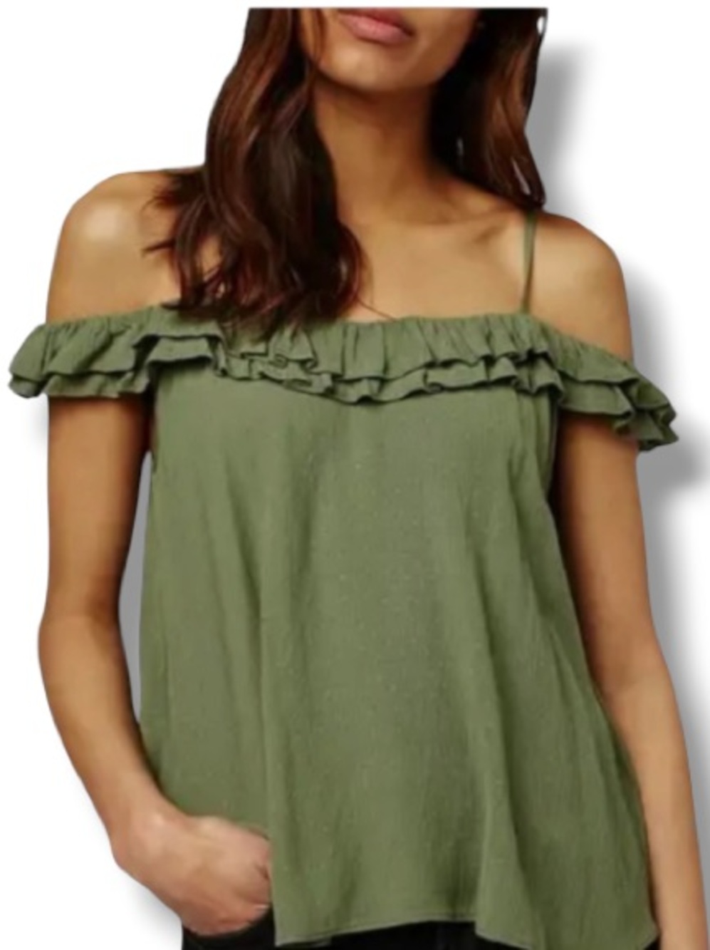 Top Shop Women’s Florence Ruffle Off the Shoulder Top Olive Green